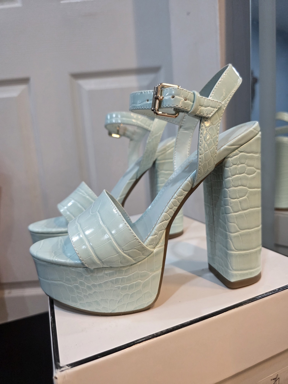 Platform Block Heel Sandals - Light Blue Croc Embossed